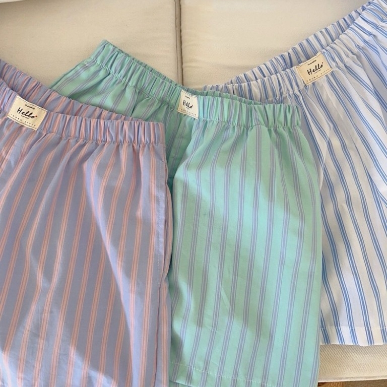 Női pizsama rövidnadrág, koreai stílus, csíkos, pamut, vékony anyag