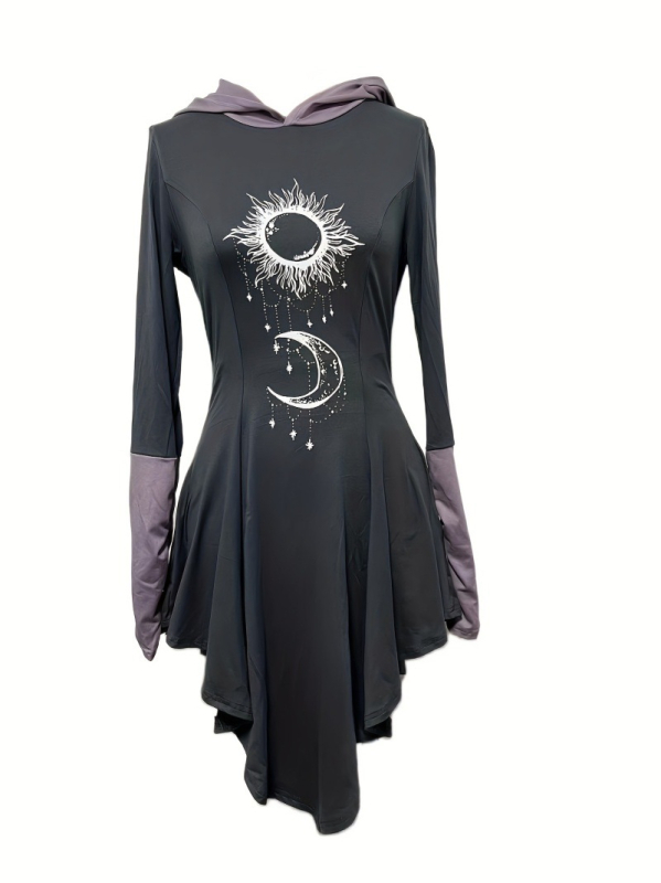 Rochie gothică cu glugă pentru femei, lungime midi, stil prințesă, material imprimat, amestec polyester-spandex