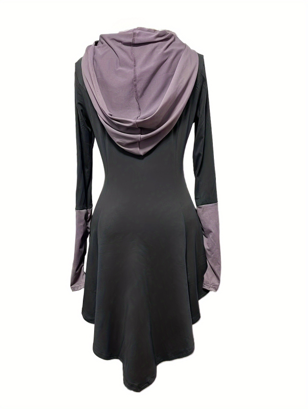 Rochie gothică cu glugă pentru femei, lungime midi, stil prințesă, material imprimat, amestec polyester-spandex