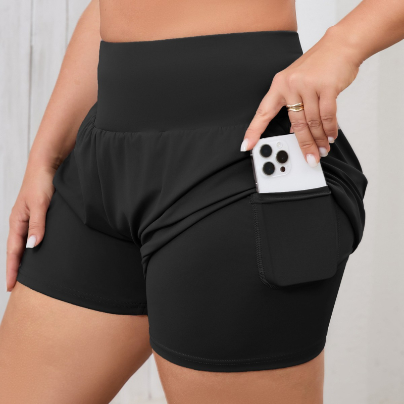 Aukštos juosmens jogos šortai kvėpuojančiame nailono mišinyje 75/25, paslėptos kišenės, tinka jogai ir fitnesui