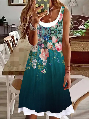 Φόρεμα από πολυεστέρα χωρίς μανίκια με γεωμετρικό εκτύπωμα, ψεύτικος σχεδιασμός δύο τεμαχίων, στρογγυλή λαιμόκοψη