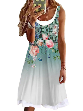 Φόρεμα από πολυεστέρα χωρίς μανίκια με γεωμετρικό εκτύπωμα, ψεύτικος σχεδιασμός δύο τεμαχίων, στρογγυλή λαιμόκοψη