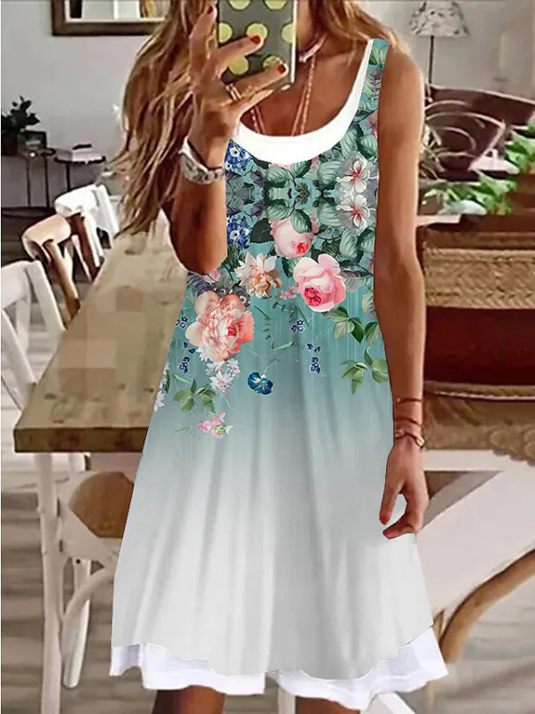 rochie fără mâneci din poliester, imprimeu geometric, design cu două piese false, guler rotund