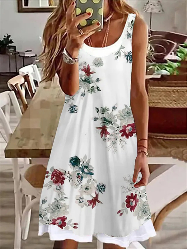 rochie fără mâneci din poliester, imprimeu geometric, design cu două piese false, guler rotund