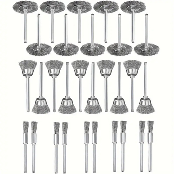 Комплект от 30 телени четки за електрическо шлайфане, стоманена и медна тел, глава Т‑образна чашообразна, за отстраняване на ръжда и заглаждане на заусенци