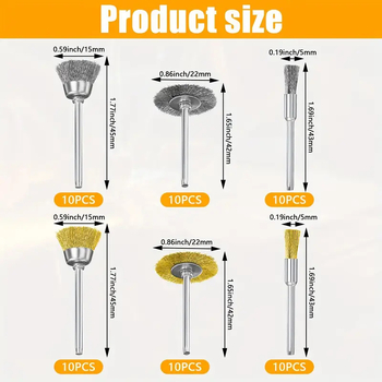 Комплект от 30 телени четки за електрическо шлайфане, стоманена и медна тел, глава Т‑образна чашообразна, за отстраняване на ръжда и заглаждане на заусенци