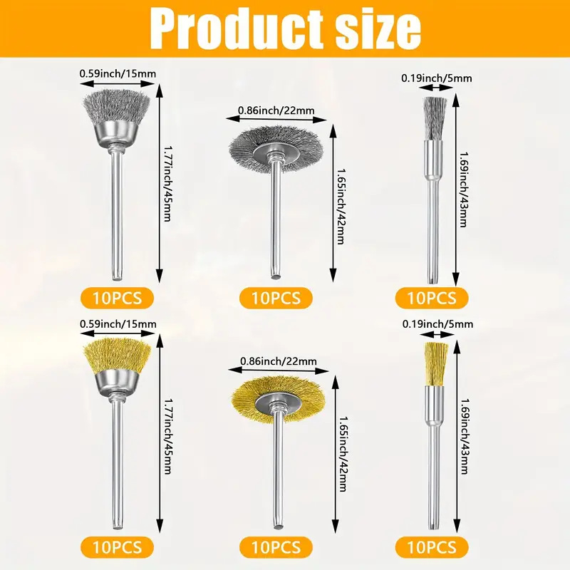 Комплект от 30 телени четки за електрическо шлайфане, стоманена и медна тел, глава Т‑образна чашообразна, за отстраняване на ръжда и заглаждане на заусенци