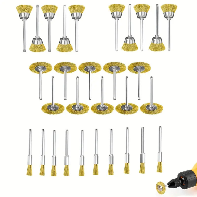 Комплект от 30 телени четки за електрическо шлайфане, стоманена и медна тел, глава Т‑образна чашообразна, за отстраняване на ръжда и заглаждане на заусенци