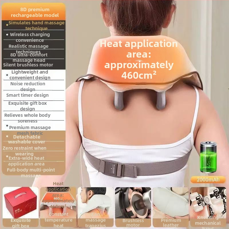 Trapecinių raumenų masažuoklis kaklui, pečiams ir nugarai – šilumos kompresas, minkymas, su viena galva, įkraunamas, belaidis nuotolinio valdymo pultas