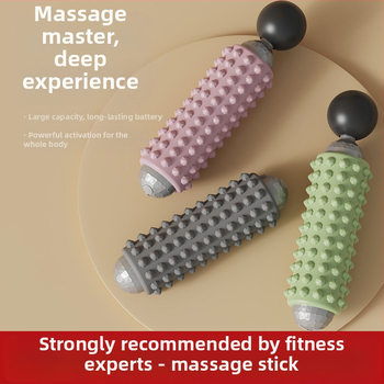 Elektriskā masāžas nūjiņa fitnesam un jogai, USB barošana, mehāniska kontrole, maināms ātrums, 4 apaļas masāžas galvas, forma: taisnstūra trapece, piemērots galvai, kaklam, viduklim un gurniem.