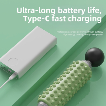 Elektriskā masāžas nūjiņa fitnesam un jogai, USB barošana, mehāniska kontrole, maināms ātrums, 4 apaļas masāžas galvas, forma: taisnstūra trapece, piemērots galvai, kaklam, viduklim un gurniem.