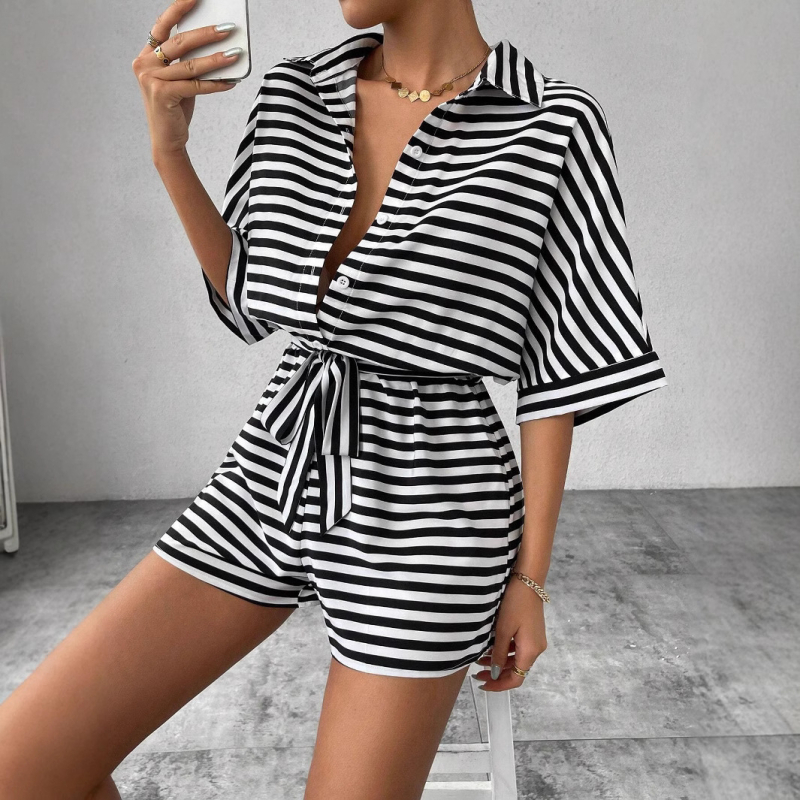 Csíkos poliészter overál, laza hétköznapi stílus, 3/4-es ujjú és öv