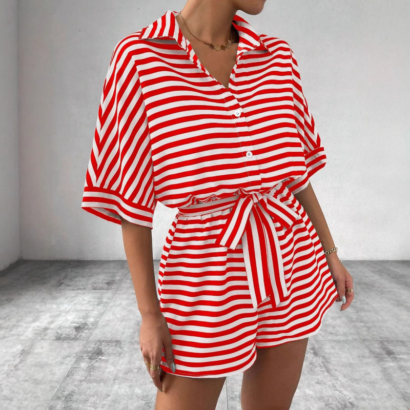 Csíkos poliészter overál, laza hétköznapi stílus, 3/4-es ujjú és öv