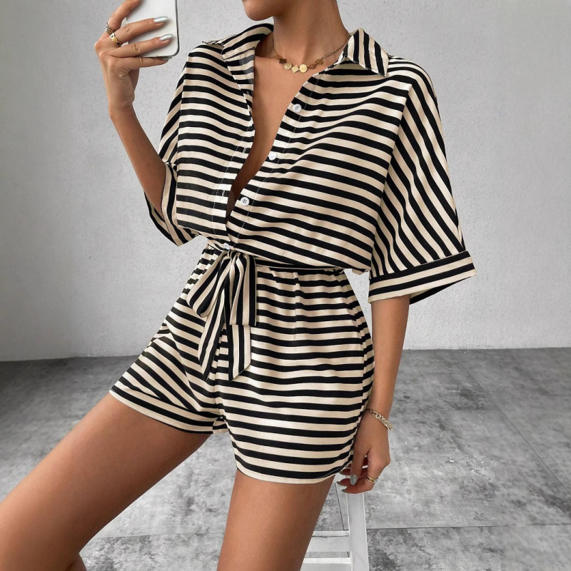 Csíkos poliészter overál, laza hétköznapi stílus, 3/4-es ujjú és öv