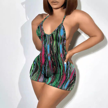 Γυναικείος ολόσωμος συνδυασμός με τιράντες, χωρίς πλάτη, χωρίς μανίκια, εκτύπωση, μήκος τριών τετάρτων