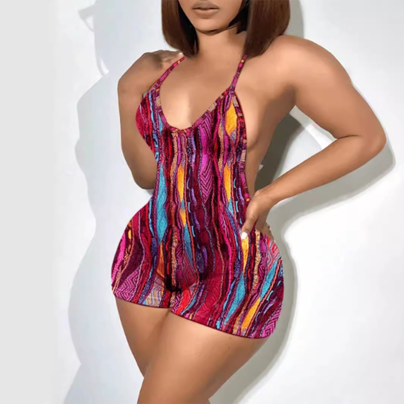 Női hát nélküli overál vállpántos, ujjatlan, kinyomtatott minta, háromnegyedes hosszúságú