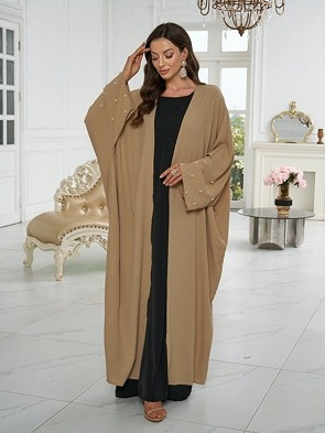 Abaya musulmană cu mărgele, cardigan-robă, poliester, țesătură principală ≥95%, design colaj