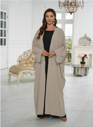 Abaya musulmană cu mărgele, cardigan-robă, poliester, țesătură principală ≥95%, design colaj
