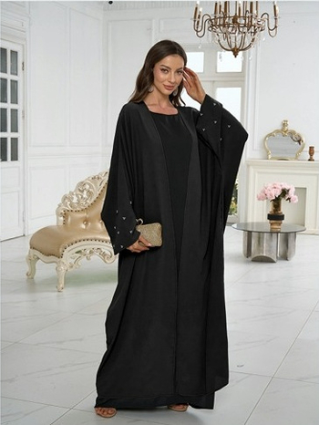 Abaya musulmană cu mărgele, cardigan-robă, poliester, țesătură principală ≥95%, design colaj