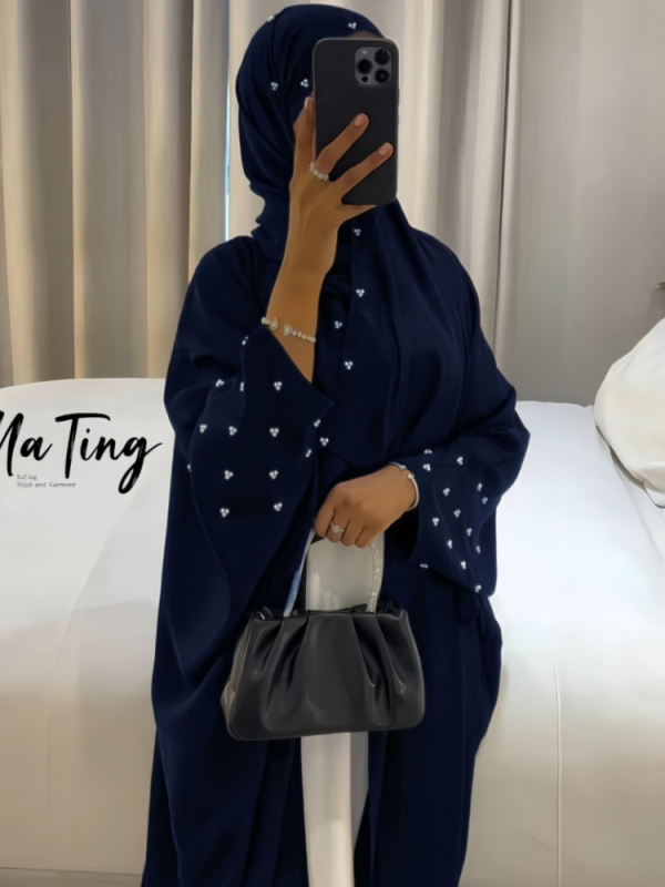 Abaya musulmană cu mărgele, cardigan-robă, poliester, țesătură principală ≥95%, design colaj