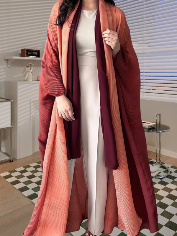 Rochie plisată în gradient - croială în linie A, mâneci lungi, fără guler, talie lejeră, poliester