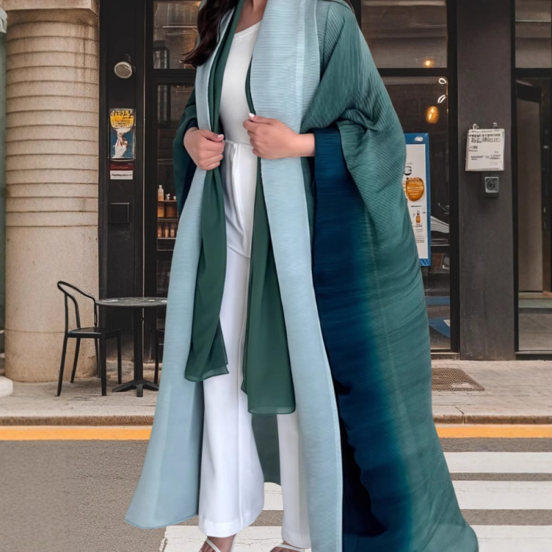 Rochie plisată în gradient - croială în linie A, mâneci lungi, fără guler, talie lejeră, poliester