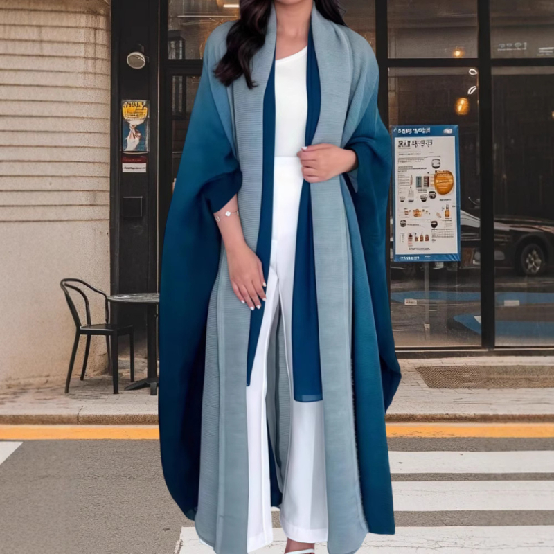 Rochie plisată în gradient - croială în linie A, mâneci lungi, fără guler, talie lejeră, poliester