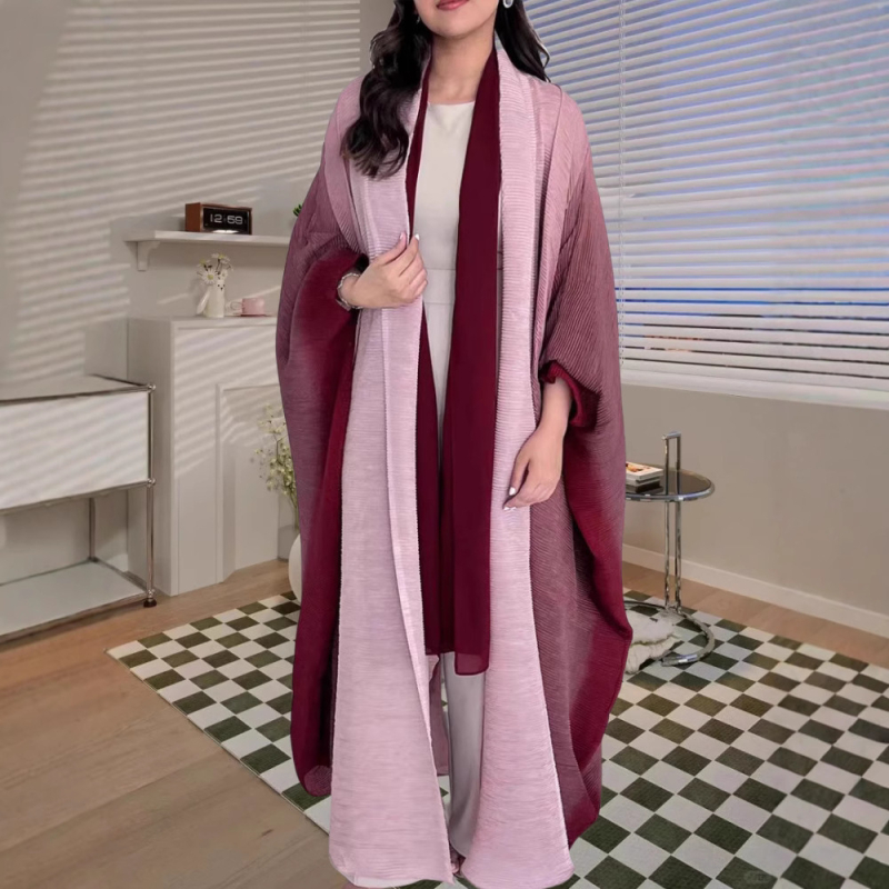 Rochie plisată în gradient - croială în linie A, mâneci lungi, fără guler, talie lejeră, poliester