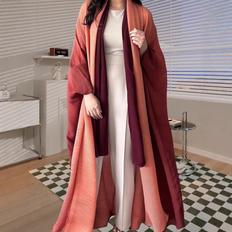 Rochie plisată în gradient - croială în linie A, mâneci lungi, fără guler, talie lejeră, poliester