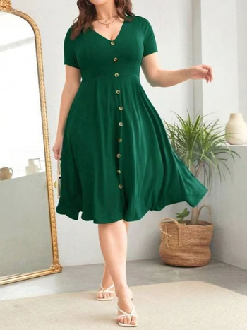 Rochie midi pentru femei, decolteu în V, croială A-line, mâneci trei sferturi, poliester (90–95%)