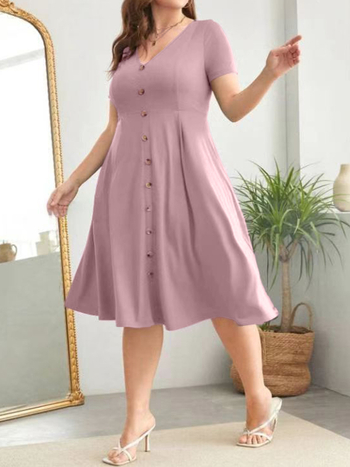 Миди рокля за жени, V-образно деколте, А-линия, три четвърти ръкави, полиестер (90–95%)
