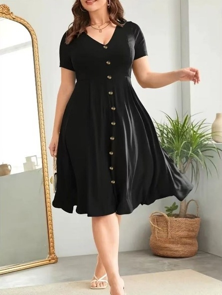 Rochie midi pentru femei, decolteu în V, croială A-line, mâneci trei sferturi, poliester (90–95%)
