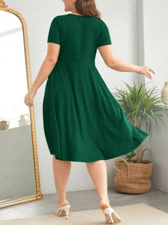 Rochie midi pentru femei, decolteu în V, croială A-line, mâneci trei sferturi, poliester (90–95%)
