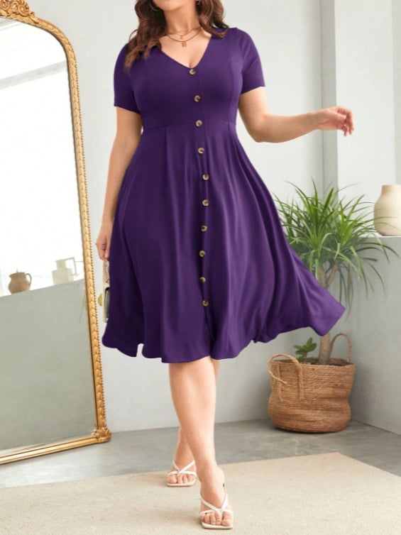 Rochie midi pentru femei, decolteu în V, croială A-line, mâneci trei sferturi, poliester (90–95%)