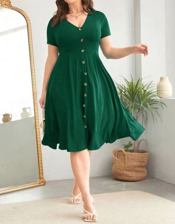 Rochie midi pentru femei, decolteu în V, croială A-line, mâneci trei sferturi, poliester (90–95%)
