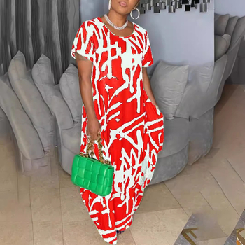 Μακρύ φόρεμα με Α-γραμμή, πολυεστέρας, μοτίβο εκτύπωσης, στρογυλός λαιμός, κοντά μανίκια