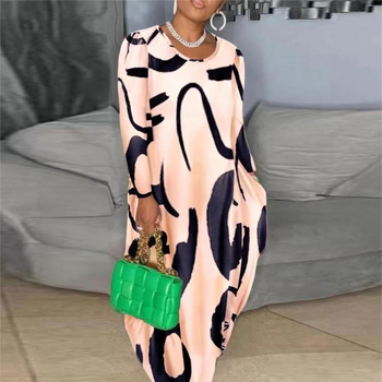 Μακρύ φόρεμα με Α-γραμμή, πολυεστέρας, μοτίβο εκτύπωσης, στρογυλός λαιμός, κοντά μανίκια