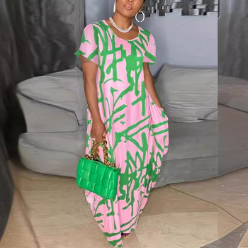 Μακρύ φόρεμα με Α-γραμμή, πολυεστέρας, μοτίβο εκτύπωσης, στρογυλός λαιμός, κοντά μανίκια