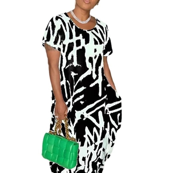 Μακρύ φόρεμα με Α-γραμμή, πολυεστέρας, μοτίβο εκτύπωσης, στρογυλός λαιμός, κοντά μανίκια