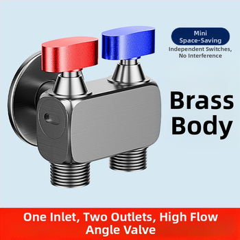 Nurga ventiil pesumas masinai, suur voolavus, 1 sisend / 2 väljundit, vask, seinale paigaldus, veesulgus funktsiooniga