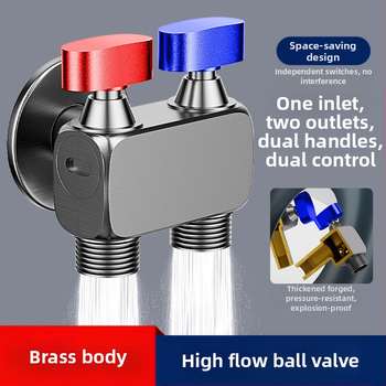 Nurga ventiil pesumas masinai, suur voolavus, 1 sisend / 2 väljundit, vask, seinale paigaldus, veesulgus funktsiooniga