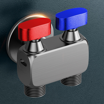 Nurga ventiil pesumas masinai, suur voolavus, 1 sisend / 2 väljundit, vask, seinale paigaldus, veesulgus funktsiooniga