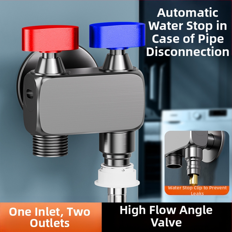 Nurga ventiil pesumas masinai, suur voolavus, 1 sisend / 2 väljundit, vask, seinale paigaldus, veesulgus funktsiooniga