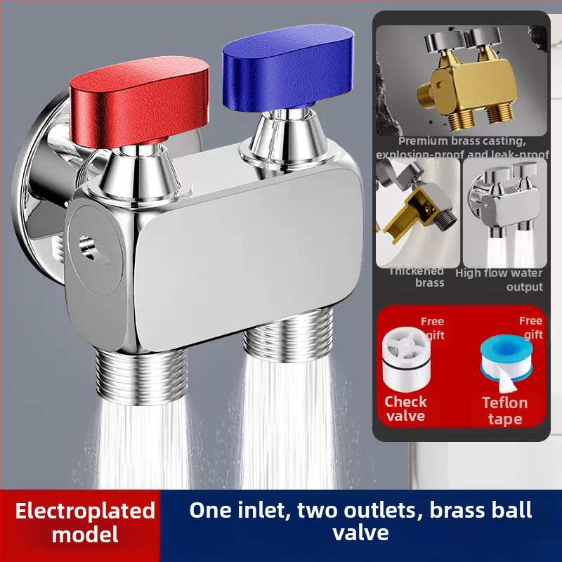 Nurga ventiil pesumas masinai, suur voolavus, 1 sisend / 2 väljundit, vask, seinale paigaldus, veesulgus funktsiooniga