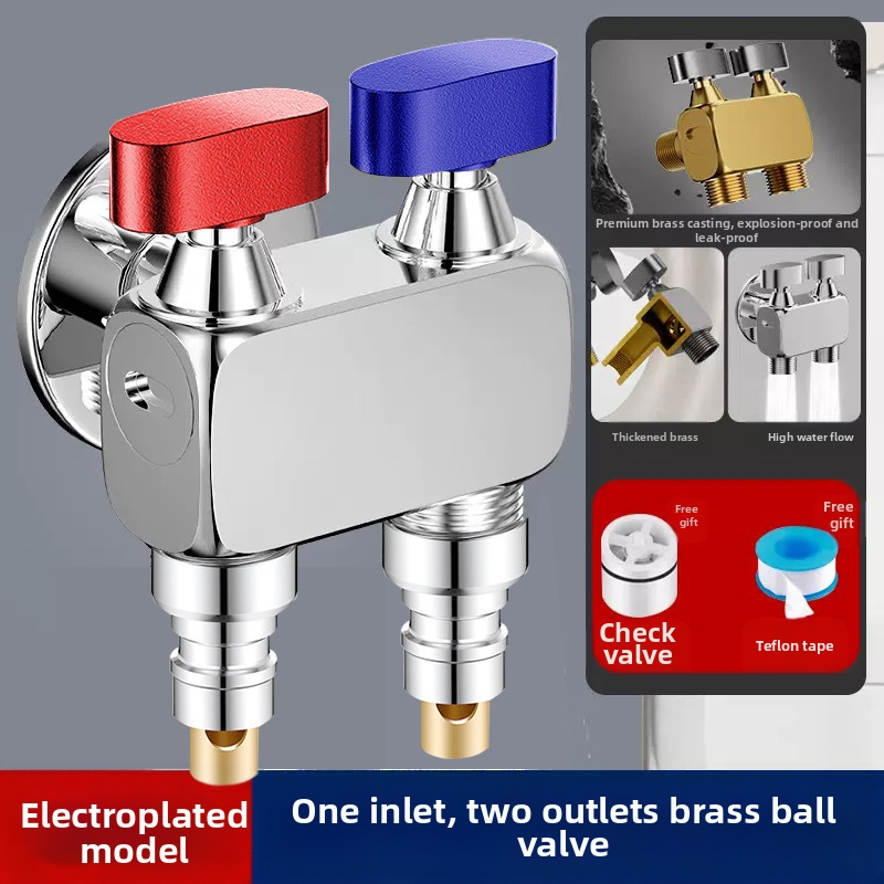 Nurga ventiil pesumas masinai, suur voolavus, 1 sisend / 2 väljundit, vask, seinale paigaldus, veesulgus funktsiooniga