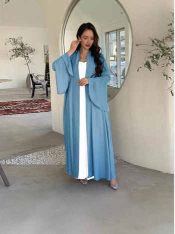 Γυναικείο ισλαμικό σετ δύο τεμαχίων με φουσκωτά μανίκια σε σχήμα φύλλου λωτού, χαλαρή μακριά ρόμπα, πολυεστερ-σπάντεξ ανάμιξη (90–95% πολυεστέρας, σπάντεξ <30%), Καλοκαίρι 2025