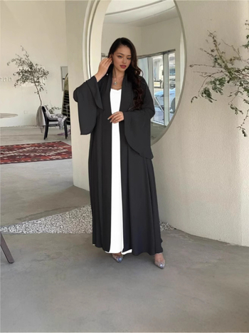 Γυναικείο ισλαμικό σετ δύο τεμαχίων με φουσκωτά μανίκια σε σχήμα φύλλου λωτού, χαλαρή μακριά ρόμπα, πολυεστερ-σπάντεξ ανάμιξη (90–95% πολυεστέρας, σπάντεξ <30%), Καλοκαίρι 2025