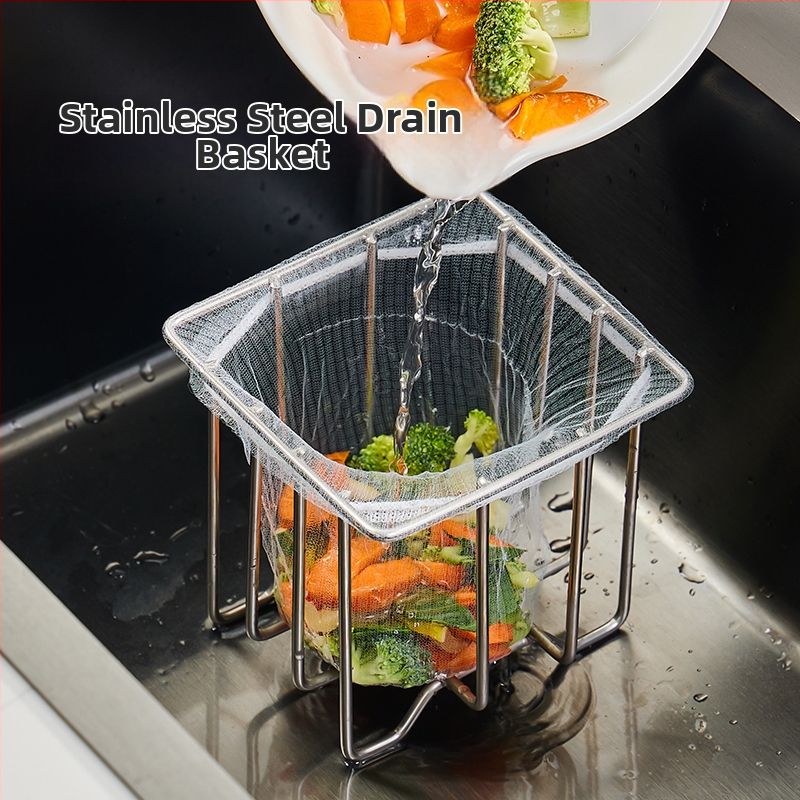 Неръждаема стоманена филтърна кошница за мивка със съд за отцеждане и съхранение — вградена кухненска поставка
