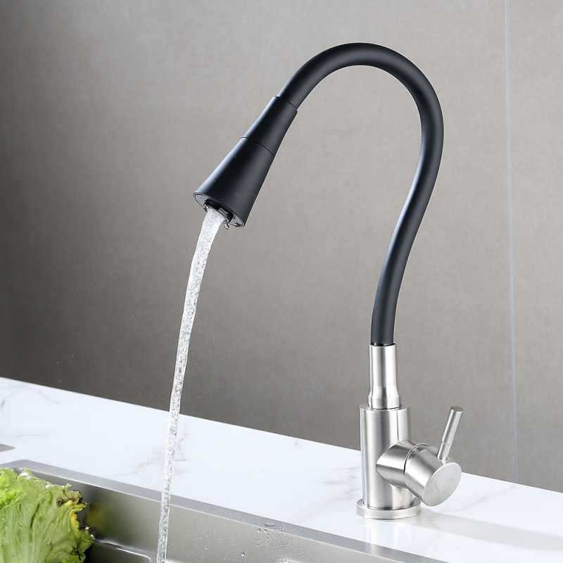 Кухненски смесител от неръждаема стомана, с керамичен диск клапан, матово шлифована повърхност, входове 1/2, 3/8 и 9/16, едноруко управление, въртящ се чучур