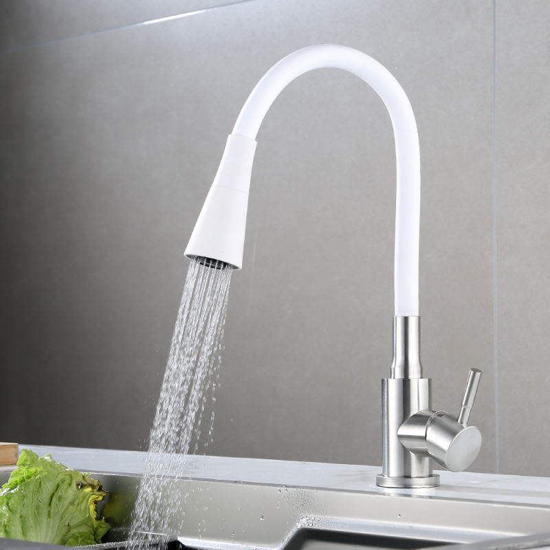 Кухненски смесител от неръждаема стомана, с керамичен диск клапан, матово шлифована повърхност, входове 1/2, 3/8 и 9/16, едноруко управление, въртящ се чучур